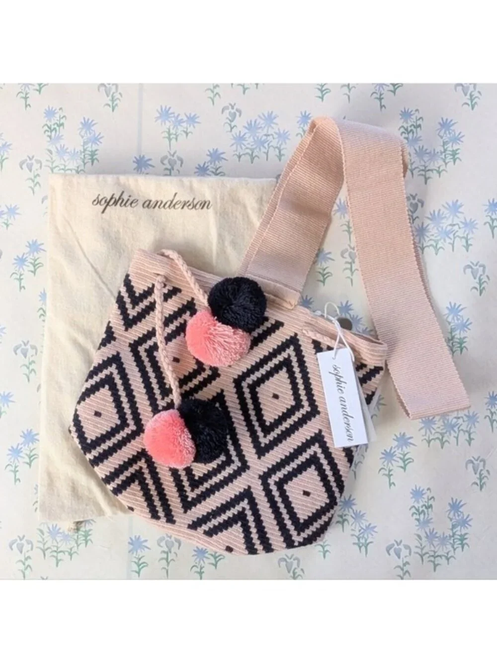 Sophie Anderson Lila Pom Pom Bucket Bag NEW Pink Blue Woven Boho Beachy Travel